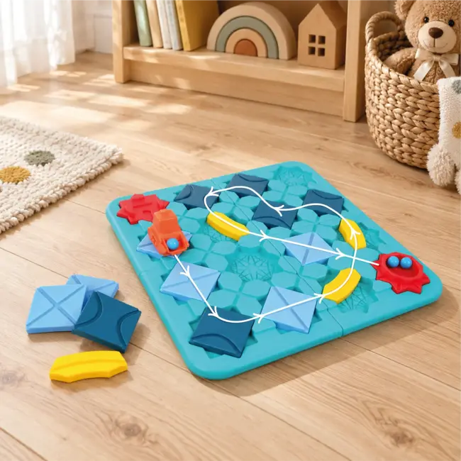 Kruzzel Logicaspel route bouwen 38 x 38 cm met 12 baanblokken, 4 hellingen, voertuig en balletjes