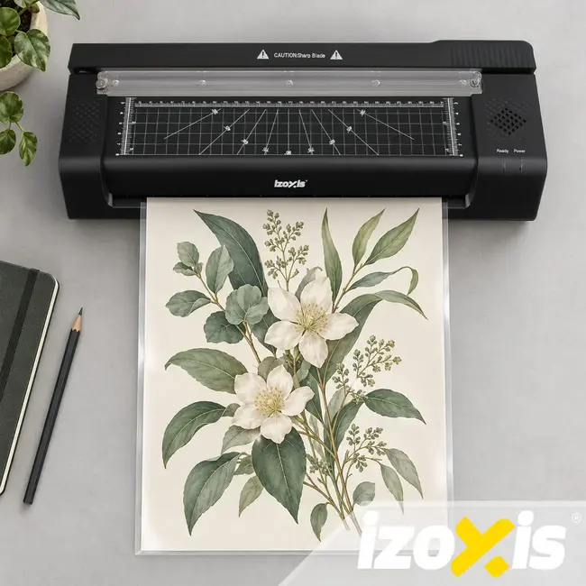 Izoxis A3-lamineermachine 430 W met snijmes, hoekrondmaker, warm en koud lamineren en 110 vellen folie