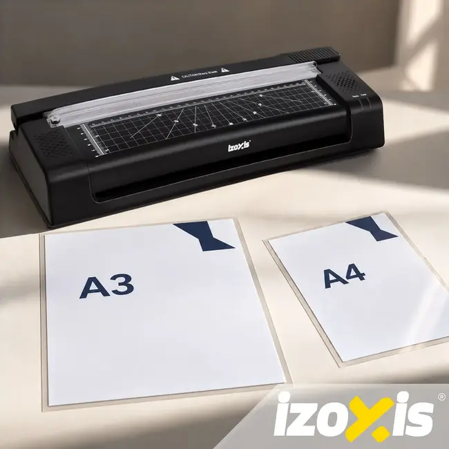 Izoxis A3-lamineermachine 430 W met snijmes, hoekrondmaker, warm en koud lamineren en 110 vellen folie