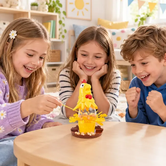 Kruzzel Behendigheidsspel met kip, 20 eieren en 30 stokjes voor een spannend spel om de beurt