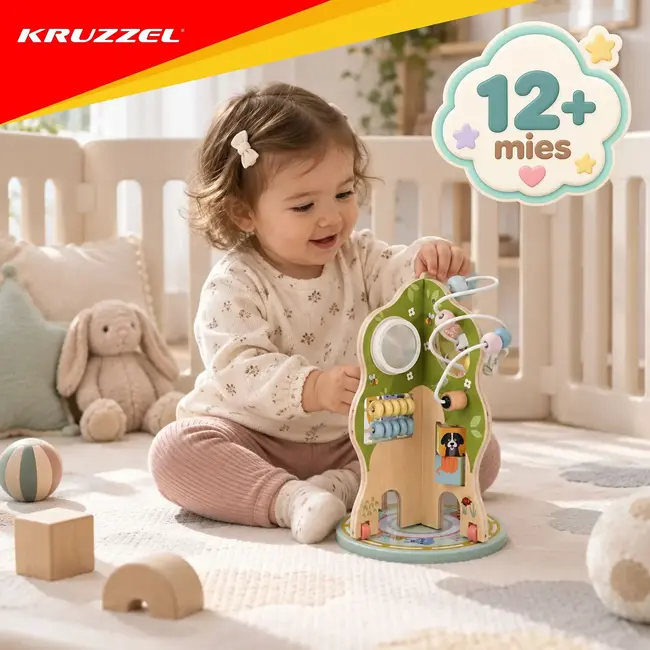 Kruzzel Educatief houten speelgoed 10-in-1 boompje met kralen, tandwielen en klok voor kinderen