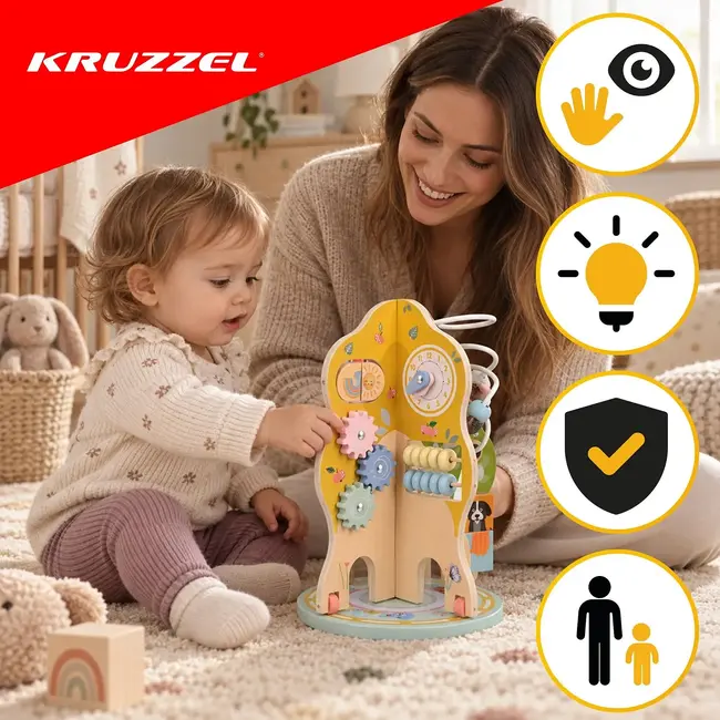 Kruzzel Educatief houten speelgoed 10-in-1 boompje met kralen, tandwielen en klok voor kinderen