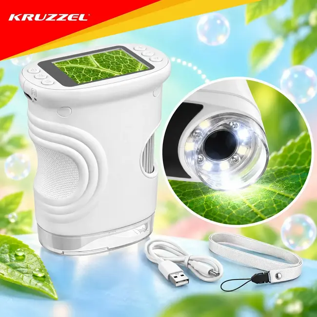 Kruzzel Digitale zakmicroscoop 1000x wit met 2 MP camera, 2 inch IPS-scherm, 8 LED-lampjes en USB-C