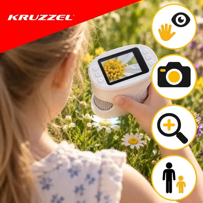 Kruzzel Digitale zakmicroscoop 1000x wit met 2 MP camera, 2 inch IPS-scherm, 8 LED-lampjes en USB-C
