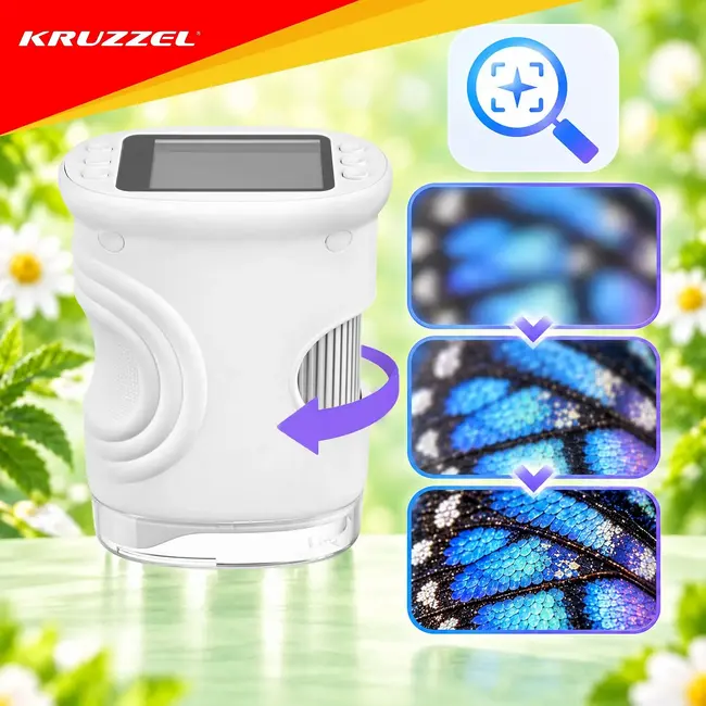 Kruzzel Digitale zakmicroscoop 1000x wit met 2 MP camera, 2 inch IPS-scherm, 8 LED-lampjes en USB-C