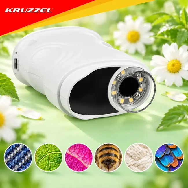 Kruzzel Digitale zakmicroscoop 1000x wit met 2 MP camera, 2 inch IPS-scherm, 8 LED-lampjes en USB-C