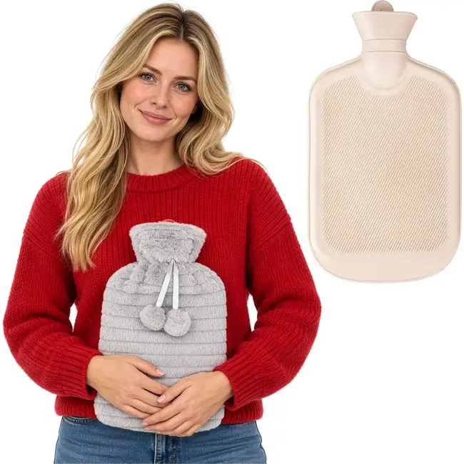 Ruhhy Warmwaterkruik 2 l beige met grijze pluche hoes, schroefdop en geschikt voor warm-koud gebruik