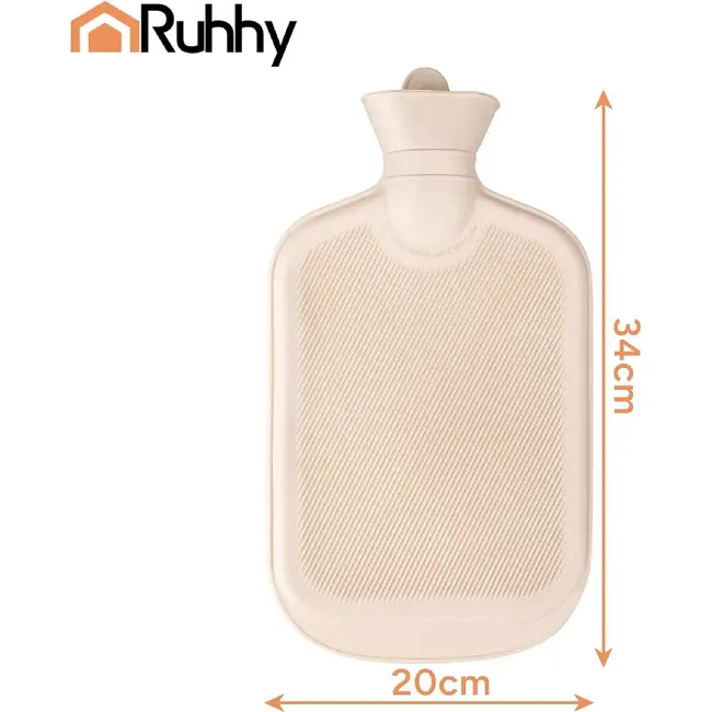 Ruhhy Warmwaterkruik 2 l beige met grijze pluche hoes, schroefdop en geschikt voor warm-koud gebruik