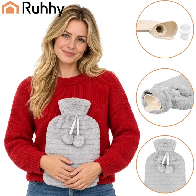 Ruhhy Warmwaterkruik 2 l beige met grijze pluche hoes, schroefdop en geschikt voor warm-koud gebruik