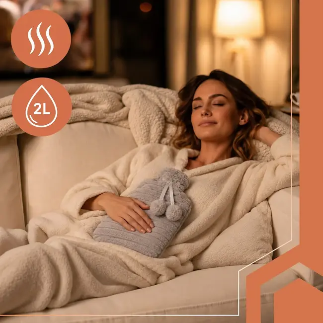Ruhhy Warmwaterkruik 2 l beige met grijze pluche hoes, schroefdop en geschikt voor warm-koud gebruik
