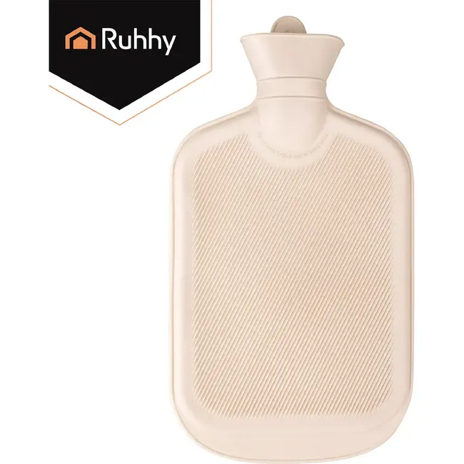 Ruhhy Warmwaterkruik 2 l beige met grijze pluche hoes, schroefdop en geschikt voor warm-koud gebruik