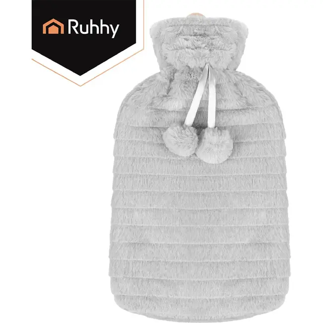 Ruhhy Warmwaterkruik 2 l beige met grijze pluche hoes, schroefdop en geschikt voor warm-koud gebruik