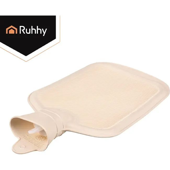 Ruhhy Warmwaterkruik 2 l beige met grijze pluche hoes, schroefdop en geschikt voor warm-koud gebruik