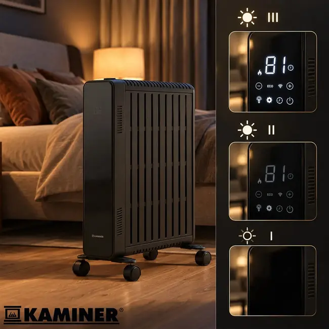 Kaminer Elektrische olieradiator 2500 W zwart met 11 lamellen, thermostaat, WiFi en afstandsbediening