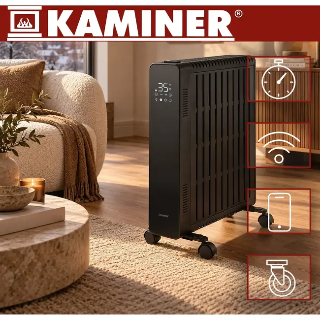 Kaminer Elektrische olieradiator 2500 W zwart met 11 lamellen, thermostaat, WiFi en afstandsbediening