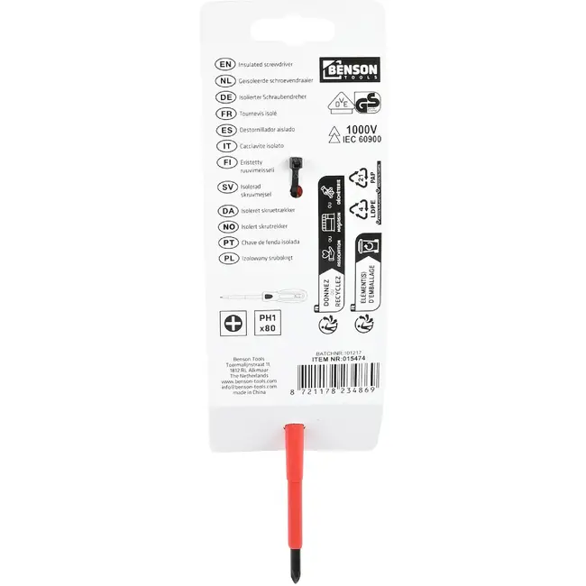Benson Kruiskopschroevendraaier PH1 - 80 mm - rood/geel - VDE