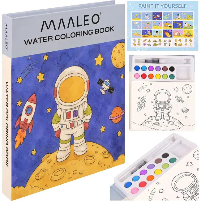 Maaleo Waterkleurboek astronaut met 24 vellen, 12 aquarelkleuren en waterpenseel voor kinderen