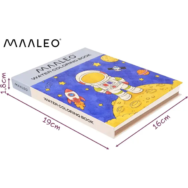 Maaleo Waterkleurboek astronaut met 24 vellen, 12 aquarelkleuren en waterpenseel voor kinderen