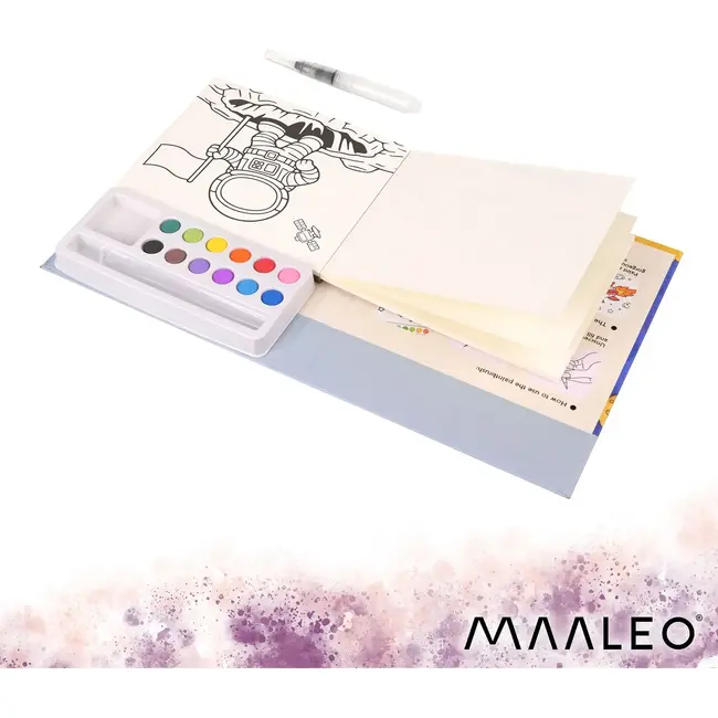 Maaleo Waterkleurboek astronaut met 24 vellen, 12 aquarelkleuren en waterpenseel voor kinderen