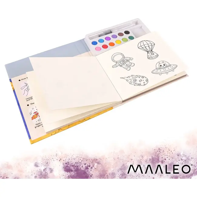 Maaleo Waterkleurboek astronaut met 24 vellen, 12 aquarelkleuren en waterpenseel voor kinderen