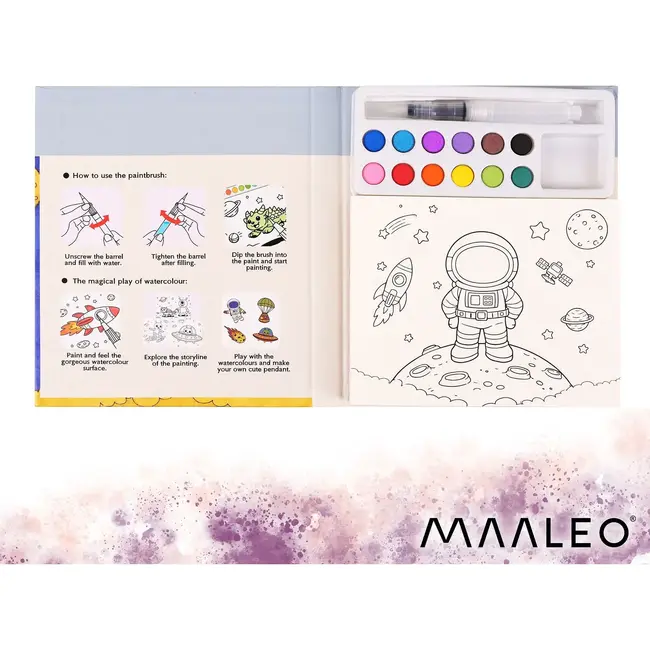 Maaleo Waterkleurboek astronaut met 24 vellen, 12 aquarelkleuren en waterpenseel voor kinderen