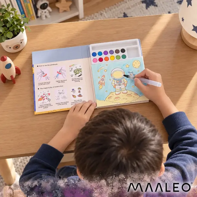 Maaleo Waterkleurboek astronaut met 24 vellen, 12 aquarelkleuren en waterpenseel voor kinderen