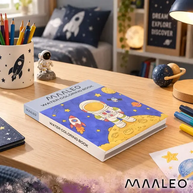 Maaleo Waterkleurboek astronaut met 24 vellen, 12 aquarelkleuren en waterpenseel voor kinderen