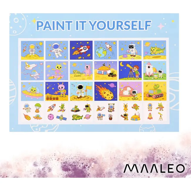 Maaleo Waterkleurboek astronaut met 24 vellen, 12 aquarelkleuren en waterpenseel voor kinderen