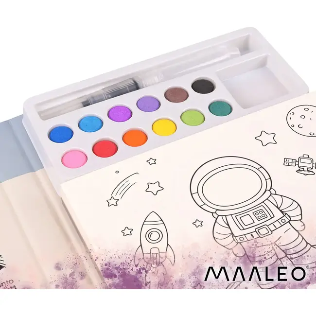 Maaleo Waterkleurboek astronaut met 24 vellen, 12 aquarelkleuren en waterpenseel voor kinderen