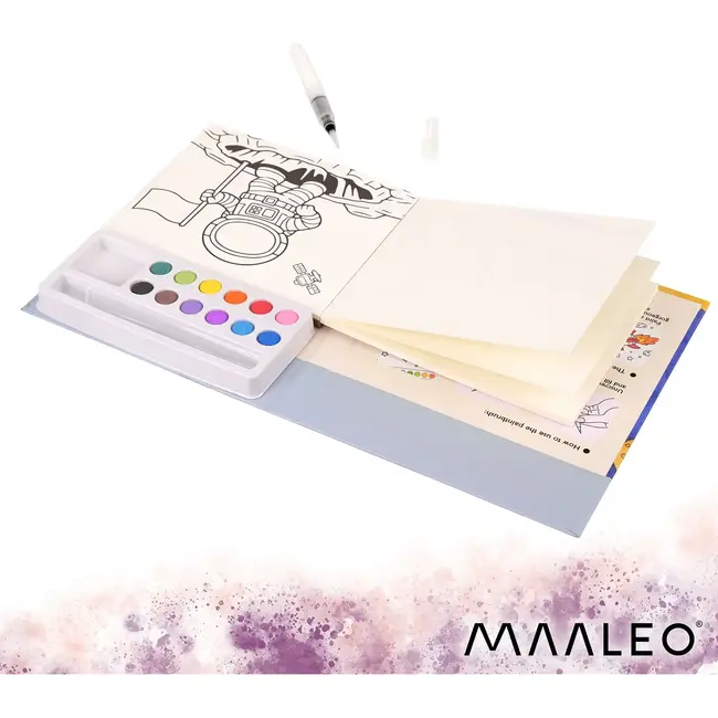 Maaleo Waterkleurboek astronaut met 24 vellen, 12 aquarelkleuren en waterpenseel voor kinderen