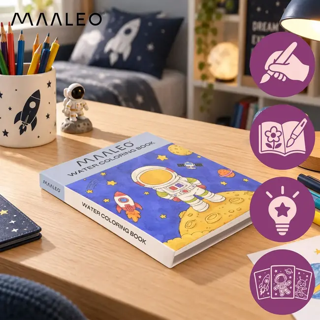 Maaleo Waterkleurboek astronaut met 24 vellen, 12 aquarelkleuren en waterpenseel voor kinderen