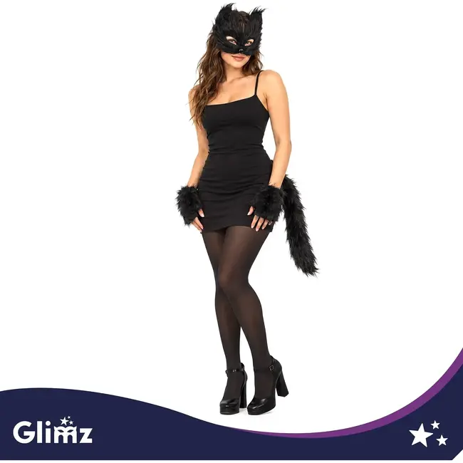 Glimz Kattenkostuum zwart 4-delig - Pluizig masker, staart van 50 cm en pootjes voor cosplay