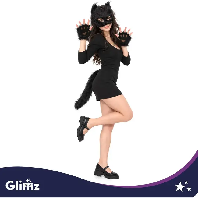 Glimz Kattenkostuum zwart 4-delig - Pluizig masker, staart van 50 cm en pootjes voor cosplay