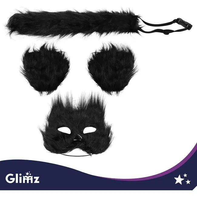 Glimz Kattenkostuum zwart 4-delig - Pluizig masker, staart van 50 cm en pootjes voor cosplay