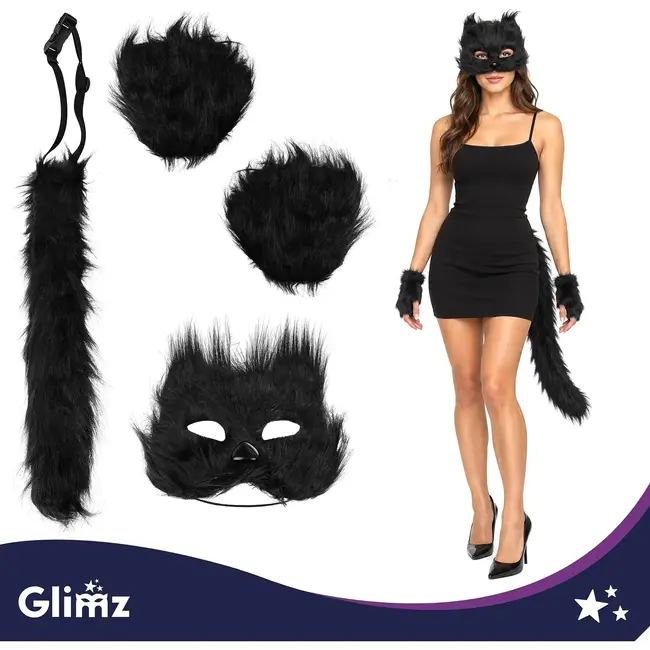 Glimz Kattenkostuum zwart 4-delig - Pluizig masker, staart van 50 cm en pootjes voor cosplay