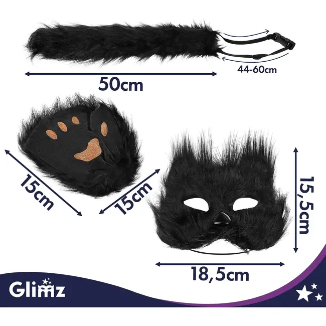 Glimz Kattenkostuum zwart 4-delig - Pluizig masker, staart van 50 cm en pootjes voor cosplay