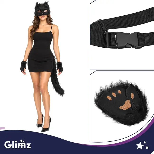 Glimz Kattenkostuum zwart 4-delig - Pluizig masker, staart van 50 cm en pootjes voor cosplay