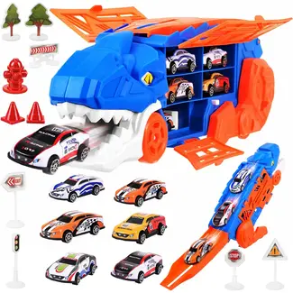 Kruzzel Dinosaurus autotransporter T-Rex - 5-in-1 vrachtwagen met racebaan en 6 speelgoedauto's