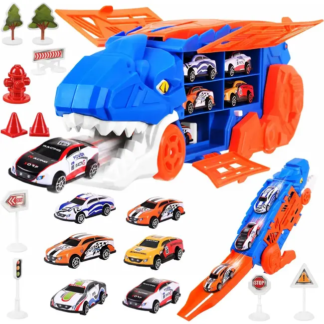 Kruzzel Dinosaurus autotransporter T-Rex - 5-in-1 vrachtwagen met racebaan en 6 speelgoedauto's