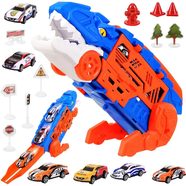Kruzzel Dinosaurus autotransporter T-Rex - 5-in-1 vrachtwagen met racebaan en 6 speelgoedauto's