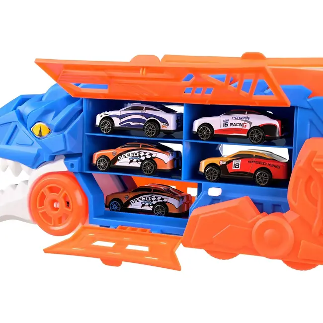 Kruzzel Dinosaurus autotransporter T-Rex - 5-in-1 vrachtwagen met racebaan en 6 speelgoedauto's