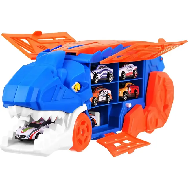 Kruzzel Dinosaurus autotransporter T-Rex - 5-in-1 vrachtwagen met racebaan en 6 speelgoedauto's