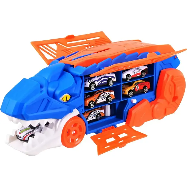 Kruzzel Dinosaurus autotransporter T-Rex - 5-in-1 vrachtwagen met racebaan en 6 speelgoedauto's