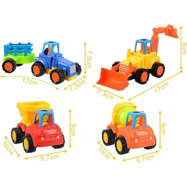 Kruzzel Bouwvoertuigen speelset 4-delig - Tractor, kiepwagen, betonmixer en graafmachine met aandrijving