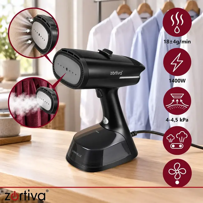 Zortiva Kledingstomer met afzuigfunctie 1400 W - 2 stoomstanden en 270 ml waterreservoir - Zwart