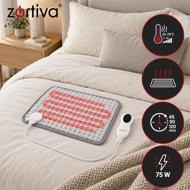 Zortiva Elektrisch verwarmingskussen 40 x 30 cm - 75 W, 10 warmtestanden en timer - Grijs