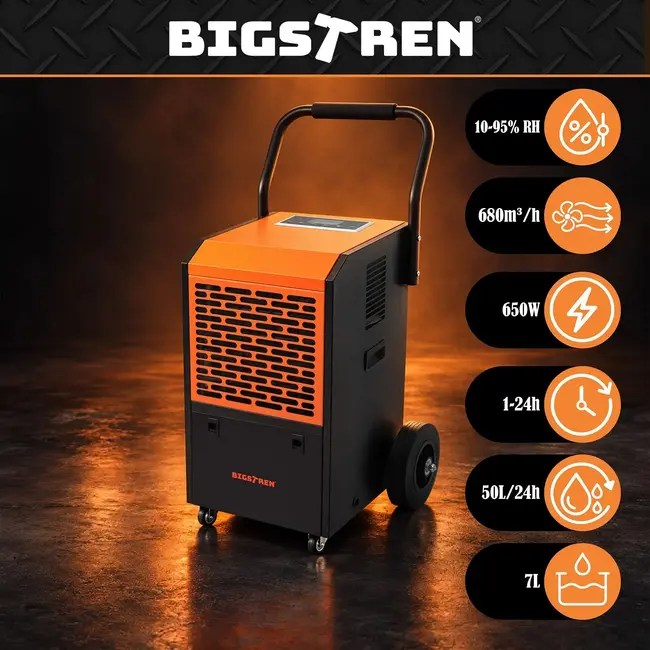 Bigstren Industriële luchtontvochtiger 50 liter per dag - 650 W, 7 liter reservoir en hygrostaat