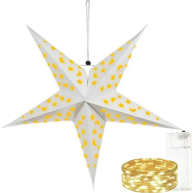 Ruhhy 3D LED-ster 60 cm - Witte hangende decoratiester met maan- en sterrenmotief en lichtsnoer
