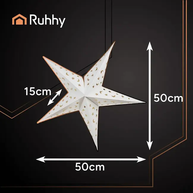 Ruhhy 3D LED-ster 60 cm - Witte hangende decoratiester met maan- en sterrenmotief en lichtsnoer