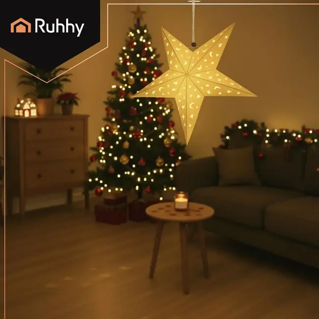 Ruhhy 3D LED-ster 60 cm - Witte hangende decoratiester met maan- en sterrenmotief en lichtsnoer
